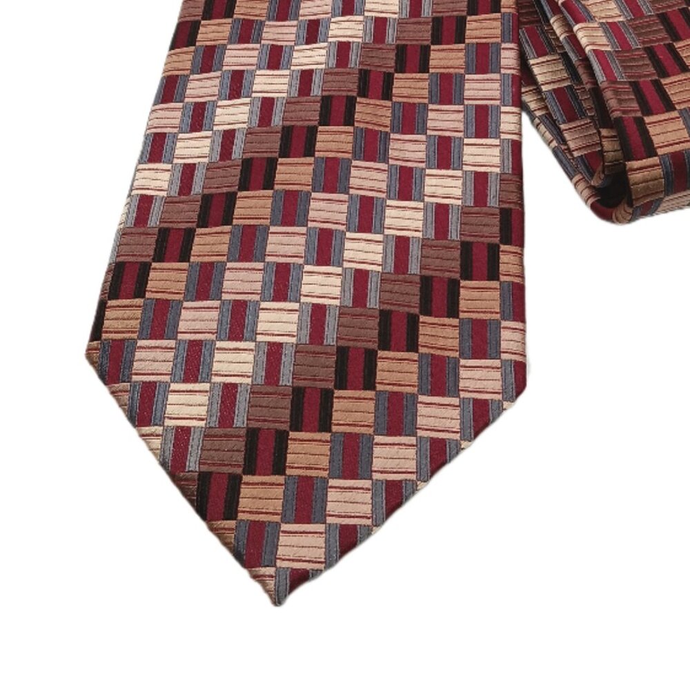 Geoffrey Beene Silk Tie Men’s 62” Burgundy Gray Gold Geometric Art Deco Wide New